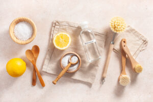 zero waste eco friendly cleaning concept wooden brushes lemon baking soda vinegar | House Cleaning Rapid City South Dakota
