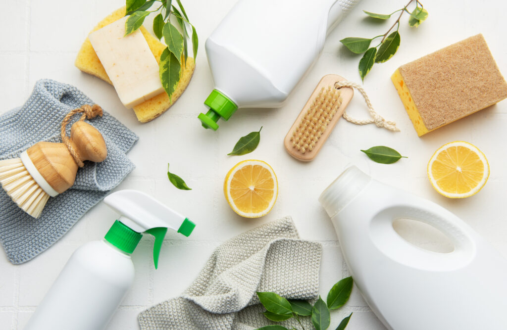 Eco friendly cleaning products promoting sustainable lifestyle with lemons and brushes | House Cleaning Rapid City South Dakota