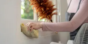 Housekeeper Cleaning Window Sill with Cloth and Feather Duster in Modern Home Interior | House Cleaning Rapid City South Dakota