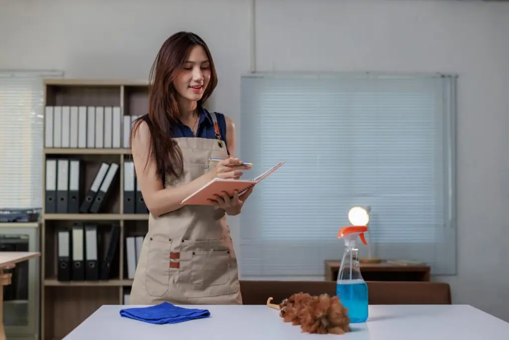 Woman in a beige apron writes in a notebook while standing in a room with binders on shelves behind her.